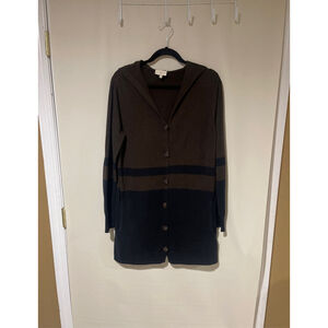NWOT Women's Project Brown Navy Blue Striped Hooded Button-Front Long Cardigan M